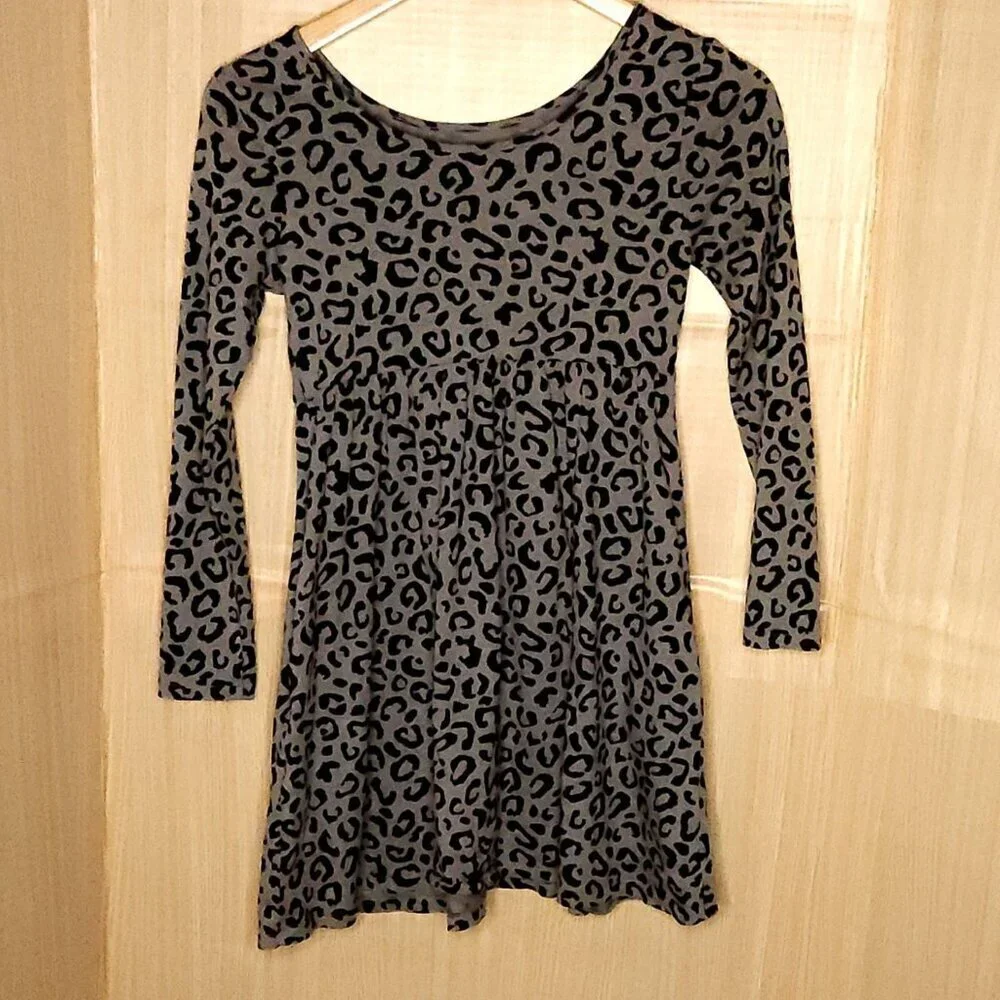 Old Navy Girls Black Grey Leopard Print Knit Dress 10-12